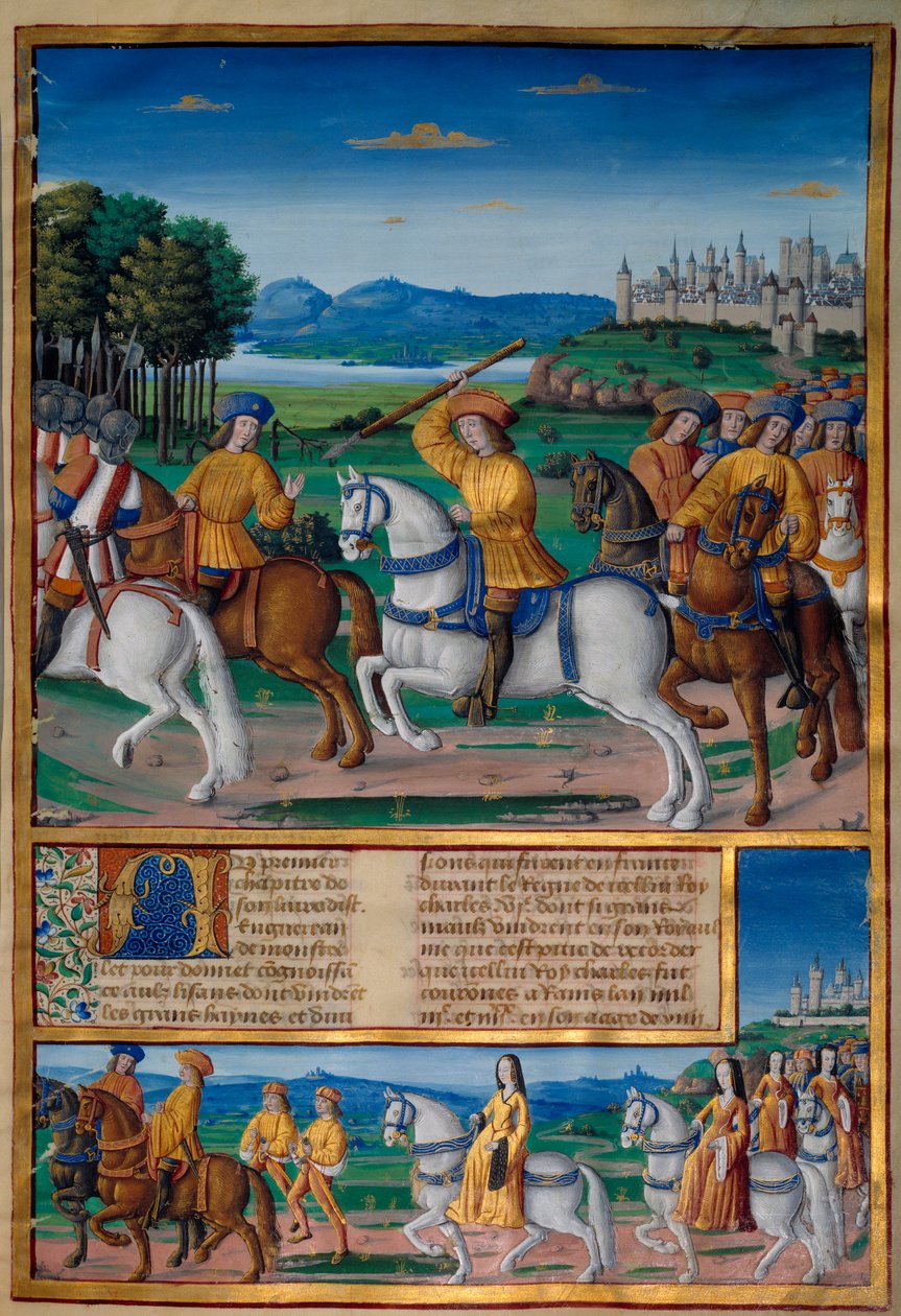 A loucura de Carlos VI (1368 - 1422). Em 5 de agosto de 1392, na floresta de Le Mans, ele começou a experimentar ataques de furiosa loucura: gritando por traição, ele atacou sua própria tropa e matou quatro pessoas. Crónicas de Enguerrand de Monstrelet (v. de Unknown artist