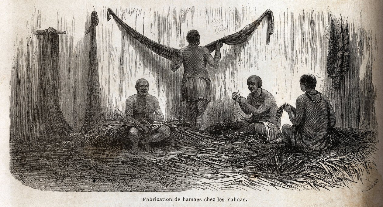 A confecção de filés de rede entre os índios Yahua do Peru, a partir de finos fios de palmeira de chambira tressees. Gravura para ilustrar a viagem do Oceano Pacífico à L