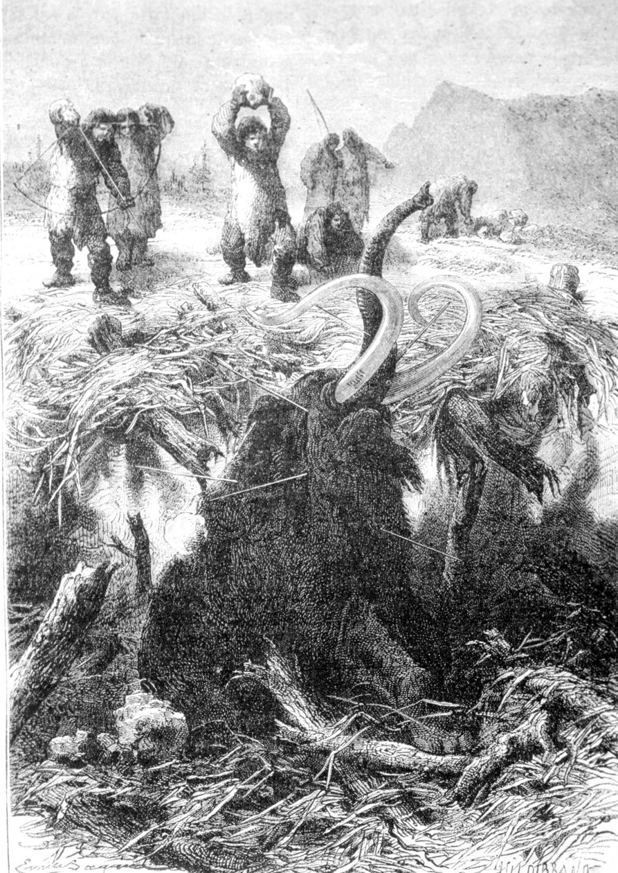A caça aos mamutes. Gravura do final do século XIX. de Unknown artist
