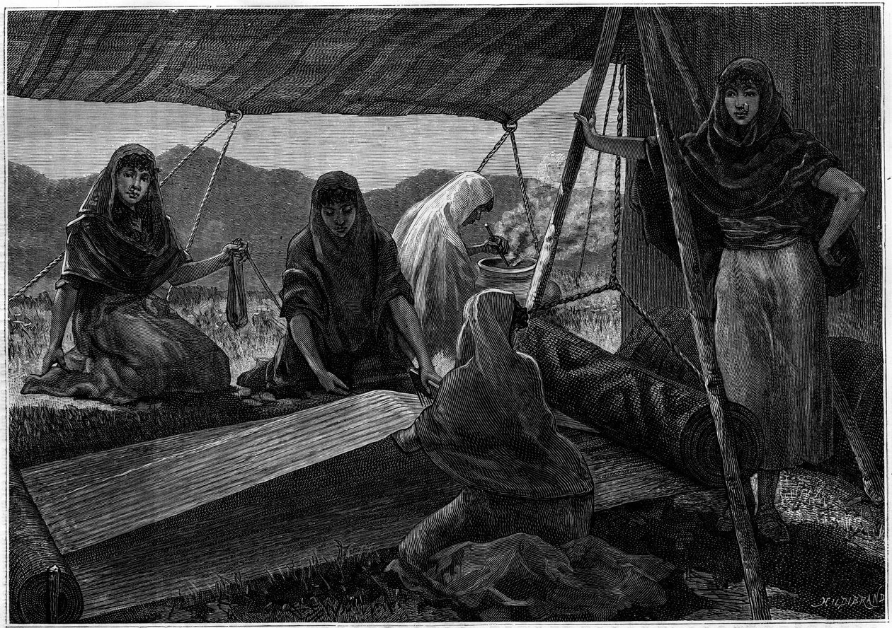 O fabrico de tapetes por mulheres nómadas da Pérsia. Gravura na revista "La jeunesse". de Unknown artist