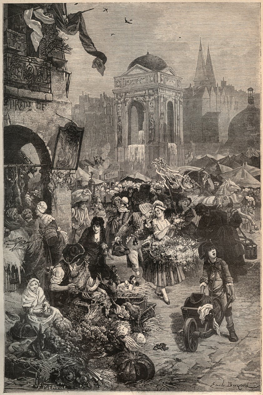 A marcha e a fonte dos Inocentes, Paris no século XVIII - gravura do século XIX de Unknown artist