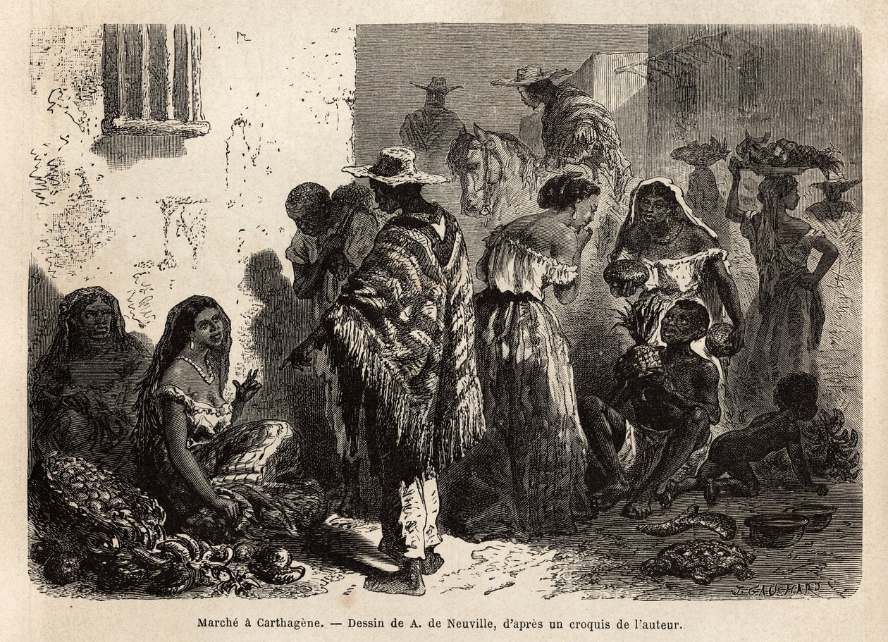 A marcha de Cartagena (Colômbia), nos subúrbios da cidade, freqüentada principalmente por negros, metis e índios. Gravura para ilustrar a viagem a Nova Granada, pelo Dr. Saffray, em 1869, publicada em "Le tour du monde" 1872, editada por Edouard Charton, de Unknown artist