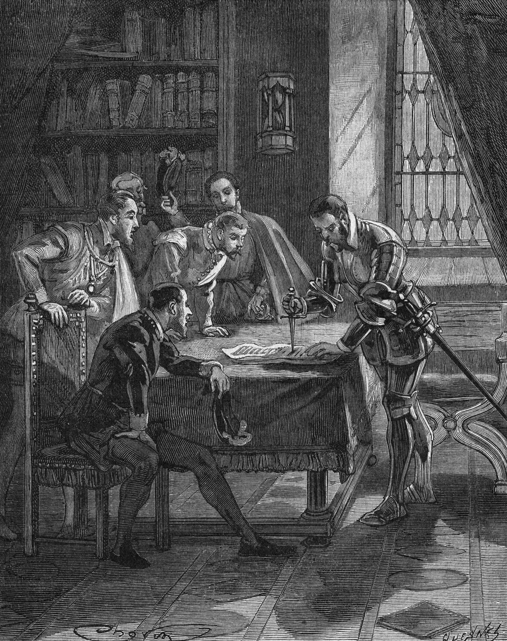 O marechal de Vieilleville plantou a sua adaga numa patente pela qual o Rei da França Henrique II (1519-1559) lhe deu e aos cinco senhores presentes na sala o direito ao confisco de todos os agiotas e luteiros da Guiana, Limousin, Quercy e S de Unknown artist
