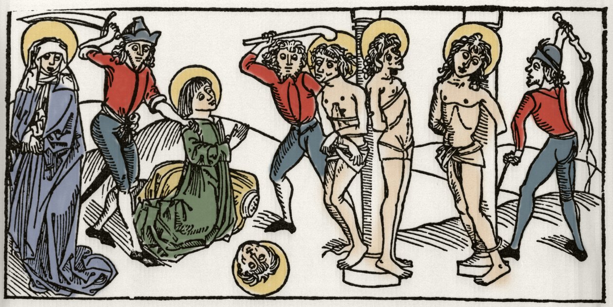 O martírio de São Felicite e seus sete filhos de Roma Gravura de "Leben der Heiligen - sommerteil" (O livro do santo) de Jacobus (Tiago) de Voragine (1228-1298). Lubeck 1488. de Unknown artist