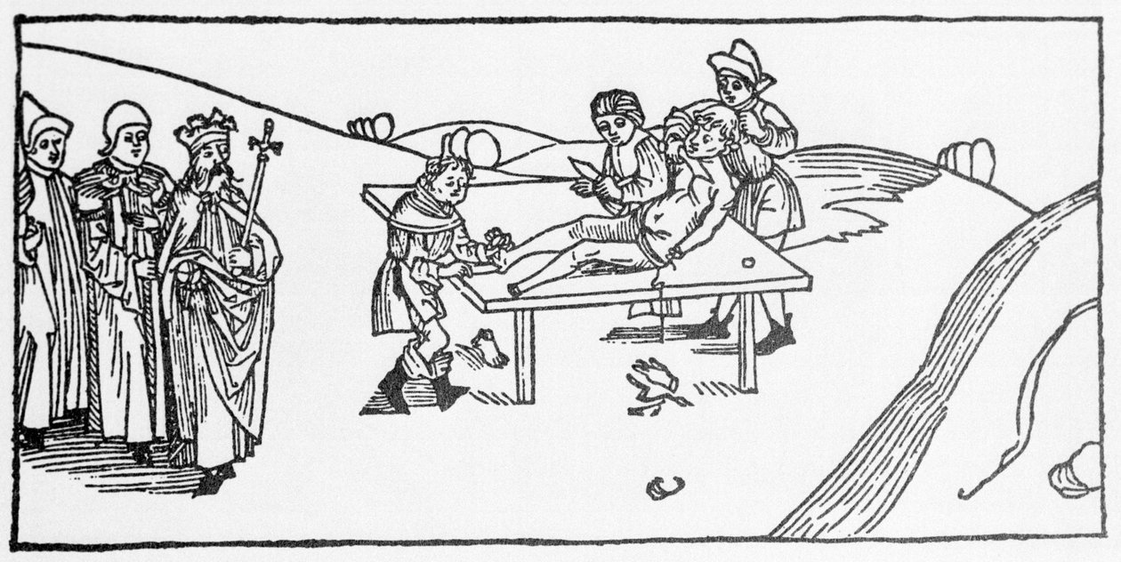 O martírio de São Tiago Maior infligido por Herodes de Agripa, Rei da Judéia. Gravura de "Leben der Heiligen - sommerteil" (O livro do santo) de Jacobus (Tiago) de Voragine (1228-1298). Lubeck 1488. de Unknown artist