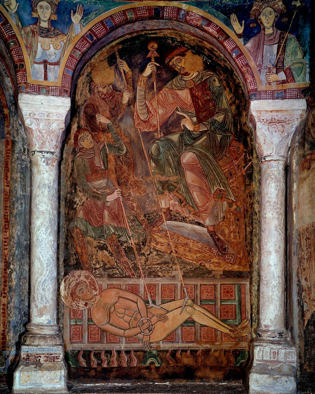 O martírio de Saint Laurent (210/220-258) morreu na churrasqueira, afresco da cidade de Berze. Século XI. Capela dos Moines, Berze la Ville de Unknown artist