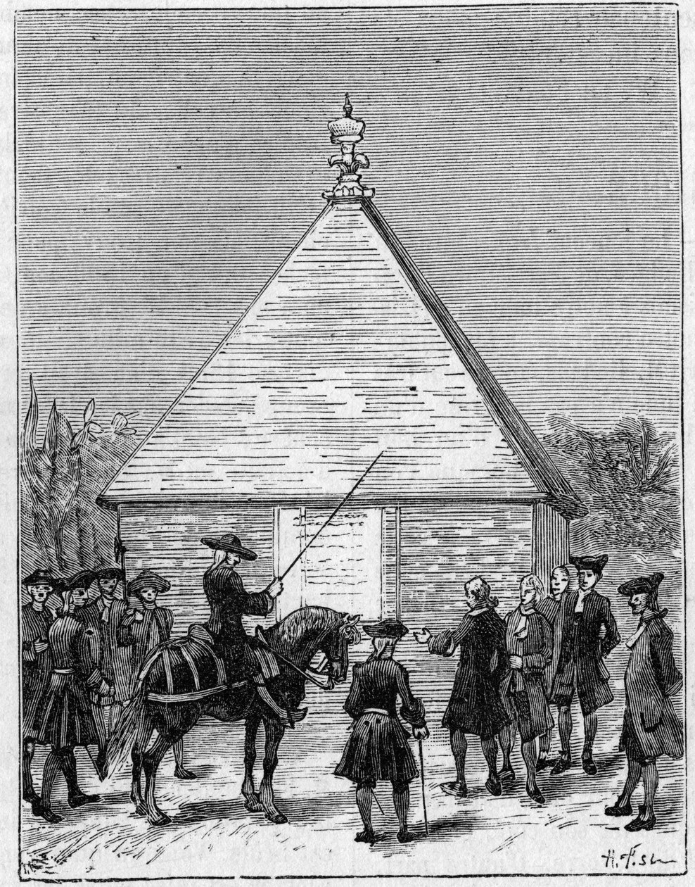 A medida do grau do Equador no século XVIII: pirâmide de Carabourou, Peru, levantada por La Condamine em 1736. Gravura em "La Nature: Revue des sciences et de leurs applications aux arts et a l