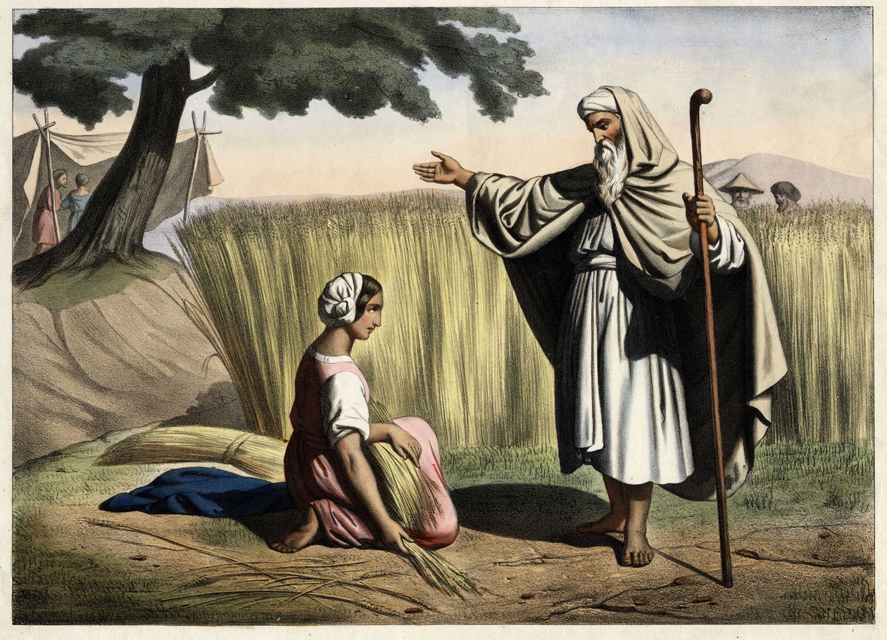 O encontro de Rute e Boaz (Booz), avós do Rei de Israel David (1000-972 AC). Gravura anónima de meados do século XIX. de Unknown artist