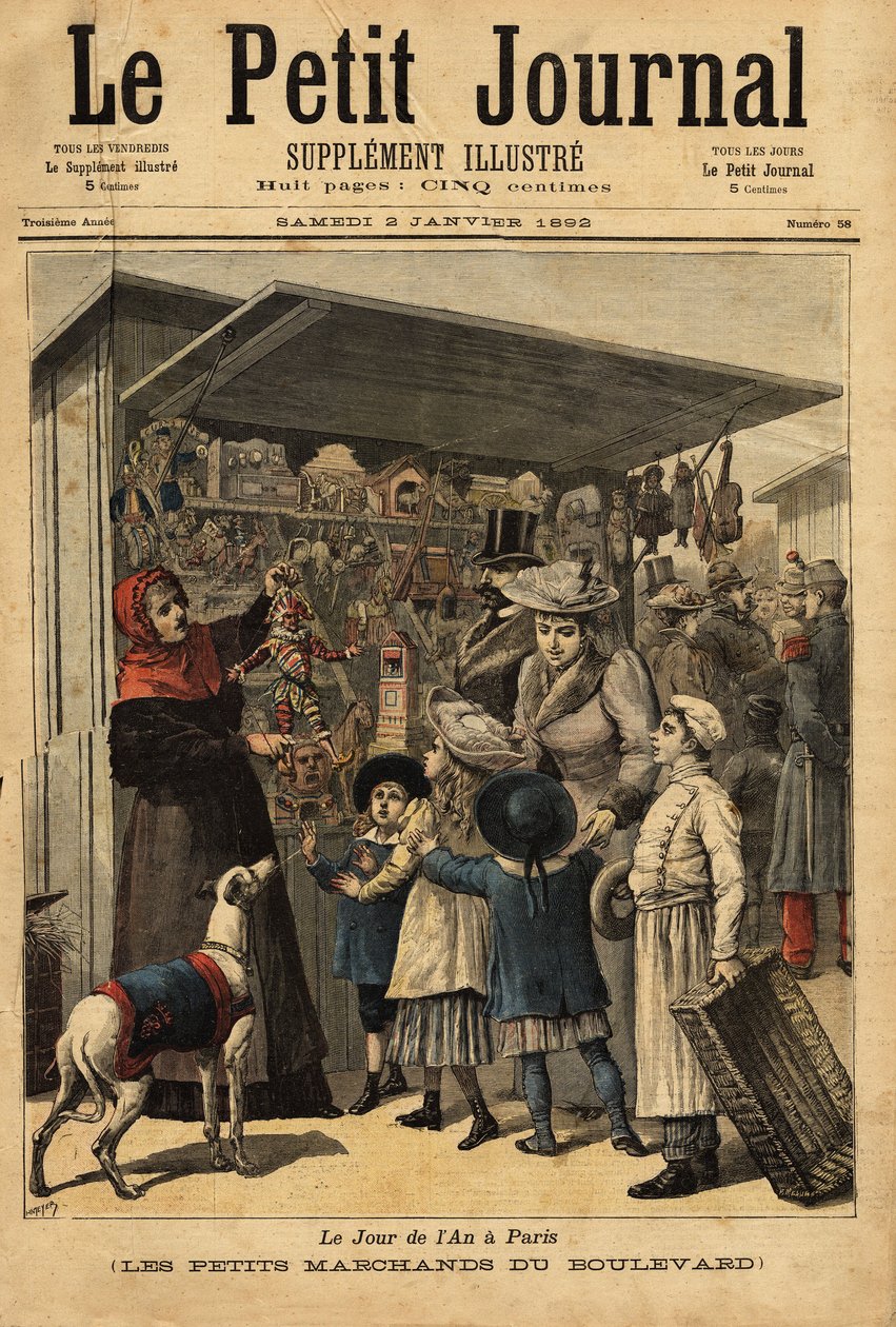 Os comerciantes e as suas exposições na avenida no dia do ano em Paris. Gravura no "Le petit journal" 2/01/1892. A colecção da Selva. de Unknown artist