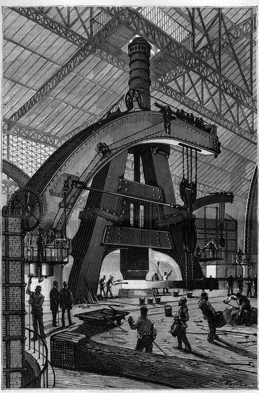A indústria metalúrgica: a Forja. O martelo a vapor Creusot (martelo de tambor) como instalado nas fábricas Schneider e Compagnie. Gravação em "La Nature". de Unknown artist