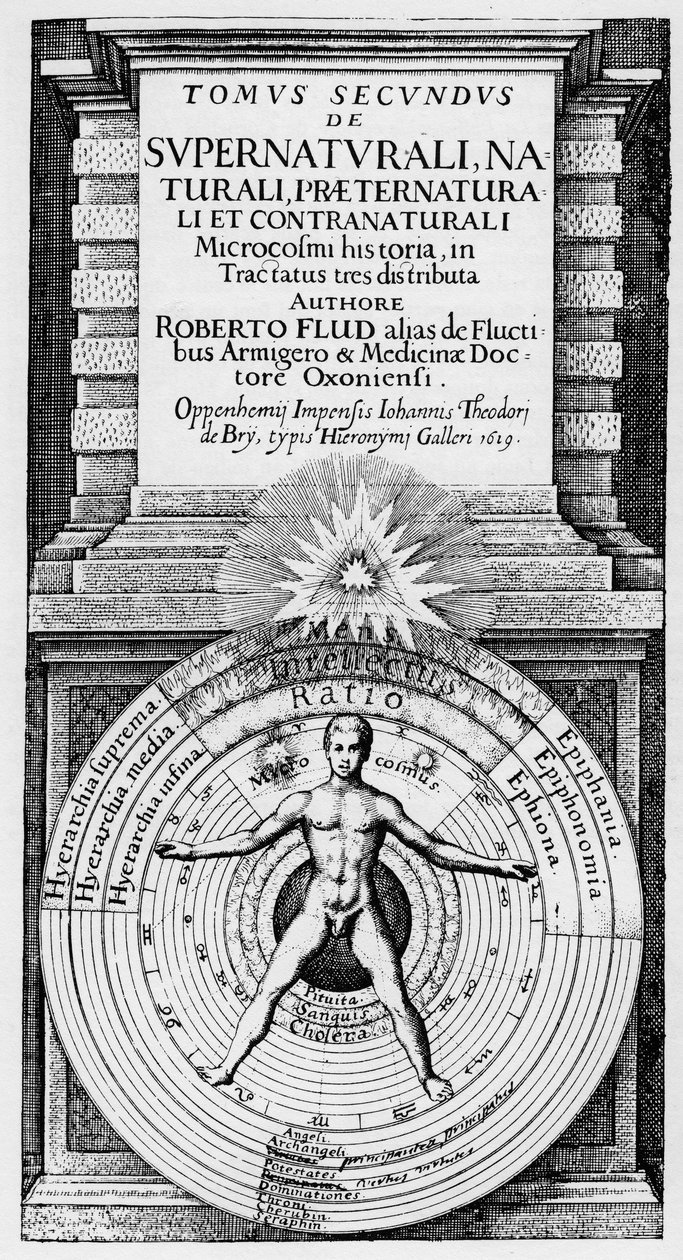 O microcosmo e o macrocosmo - Representação alegórica da posição do homem no universo (homem de vitruva): relação do homem (microcosmo) com o Macrocosmo simboliza pelas esferas do Sol, da Lua e dos planetas, diferentes temperamentos e t de Unknown artist