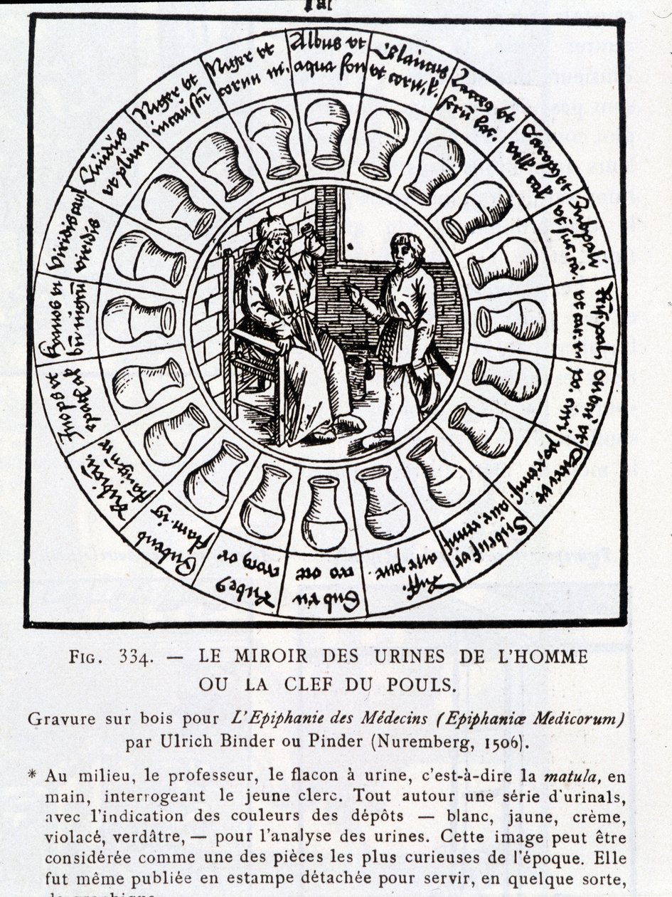 O espelho da urina do homem ou "A chave do pulso" - gravura em madeira em "A epifania dos médicos" de Pinder (ou Binder), Nuremberga de Unknown artist