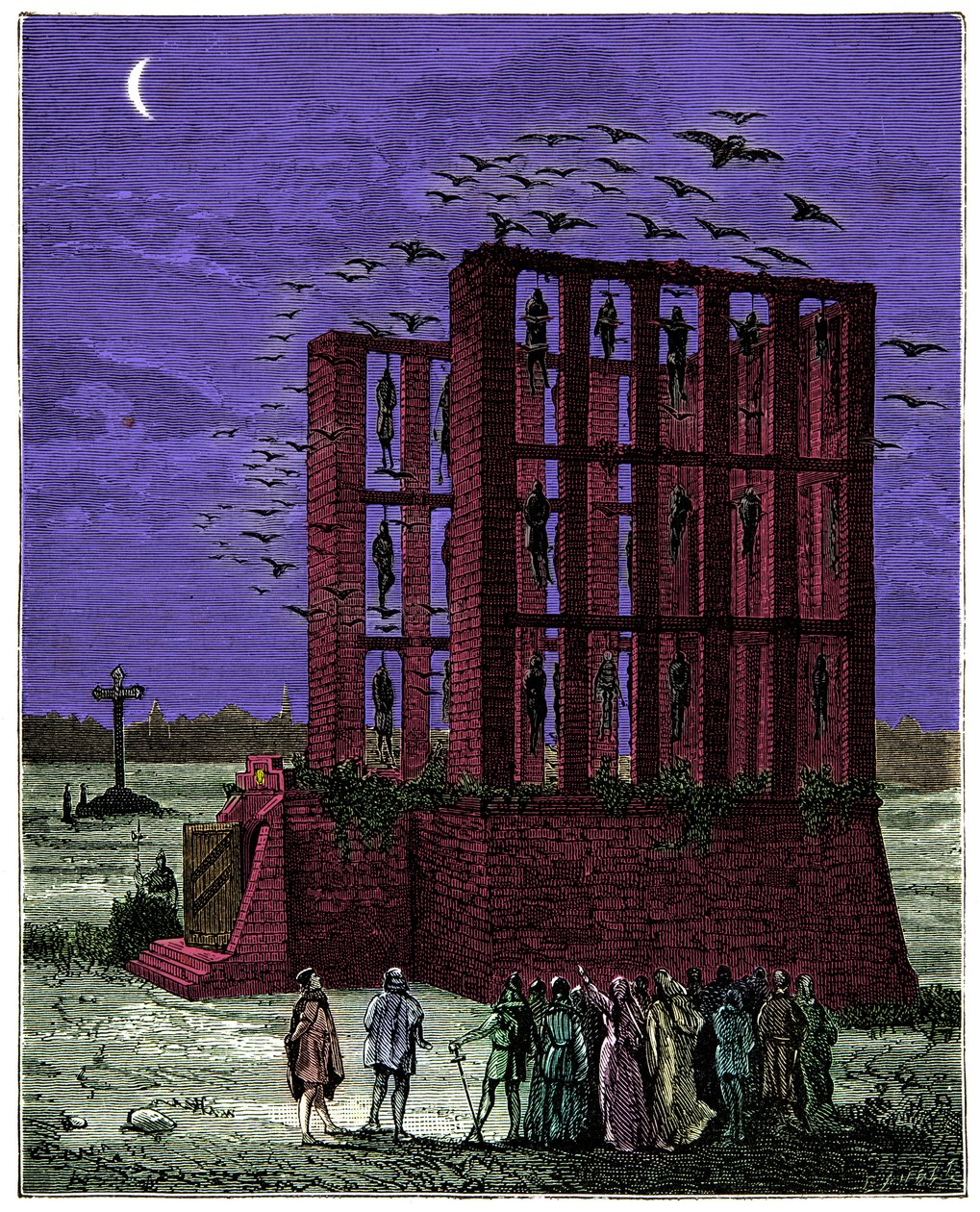 O gibet montfaucon em paris era uma massa de pedra sobreposta por dezesseis pilares (apelidada de garfos de grande justiça, localizada a nordeste de paris), gravada no século XIX. de Unknown artist