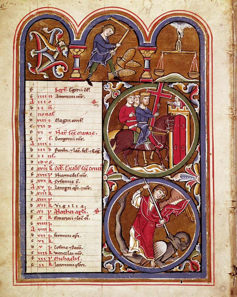 O mês de Setembro, o trabalho agrícola (colheitas, debulha do trigo com uma flor), a festa da exaltação da cruz, São Jorge derrotando o dragão Página manuscrita tirada de "O saltério de Santa Isabel" Século XIII Cividale, Mus de Unknown artist