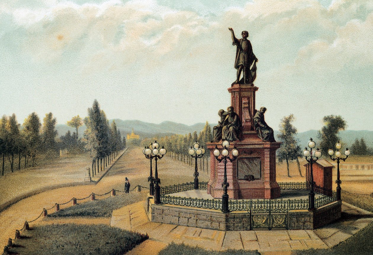 “" O monumento ao navegador Cristóvão Colombo (Cristoforo Colombo, Cristobal Colon) (1451-1506) no Paso de la Reforma, na Cidade do México, México. Cromolitografia de 1885 de Unknown artist