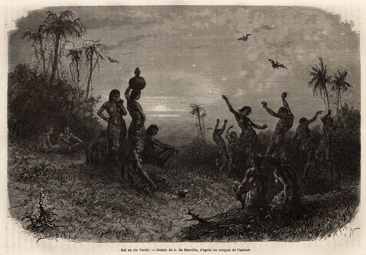 O baile ao luar, que encerra a cerimônia de aniversário de 18 anos e o casamento de um jovem indiano de Rio Verde (Brasil). Gravura para ilustrar a viagem a Nova Granada, pelo Dr. Saffray, em 1869, publicada em "Le tour du monde" 1873, editada por de Unknown artist