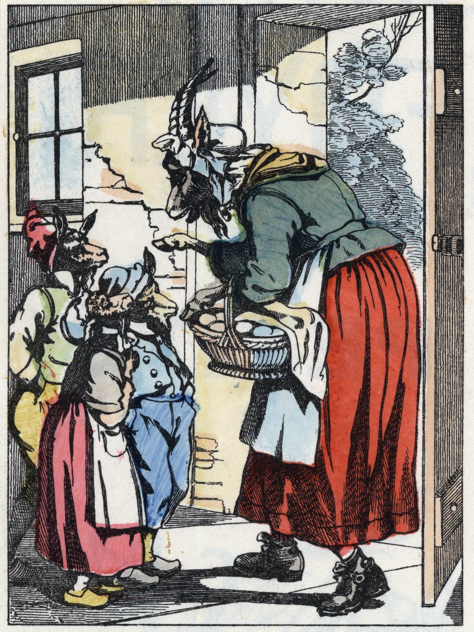A cabra mãe parte para o passeio e avisa os seus biquetes. Ilustração do conto "Compere le Loup, Maitre Renard, Comere la Chevre et ses petits biquets" depois de uma fábula de Jean de la Fontaine. Em "Contos da casa para os pequenos". Anônimo e de Unknown artist