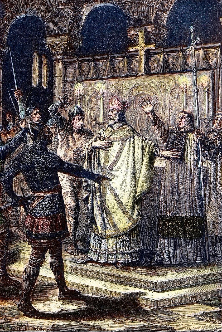 O assassinato de São Tomás Becket na Catedral de Canterbury, 29 de Dezembro de 1170, por cavaleiros da corte do Rei Henrique II (Gravura em madeira de Unknown artist