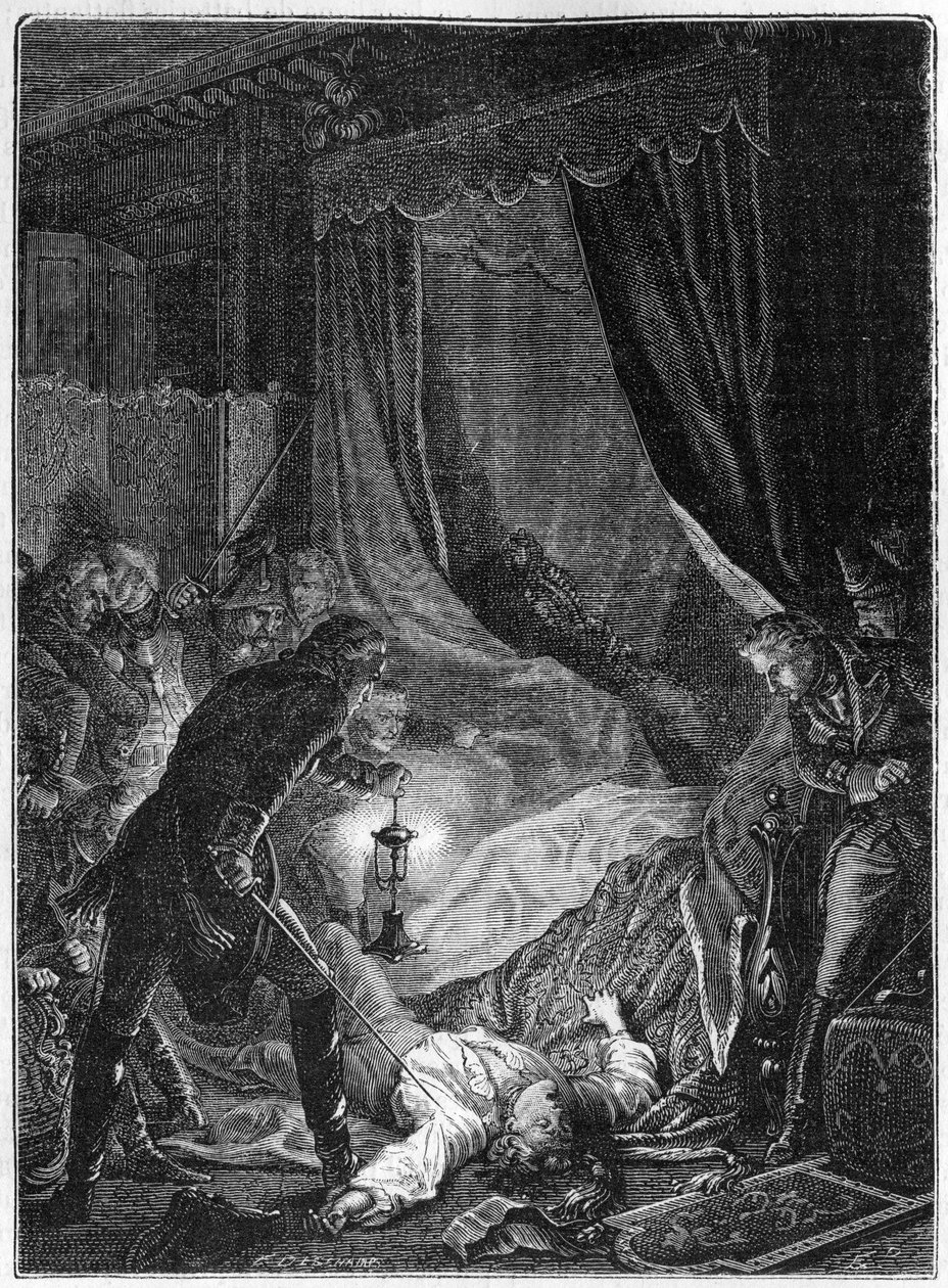 O assassinato do czar Paulo I da Rússia, março de 1801 - Ilustração 1882-1884 - O assassinato de Paulo I Petrovich (1754-1801), czar russo, em seu quarto no Palácio de São Miguel depois de ser forçado a assinar sua abdicação - Ilustração 1882-1884 de Unknown artist