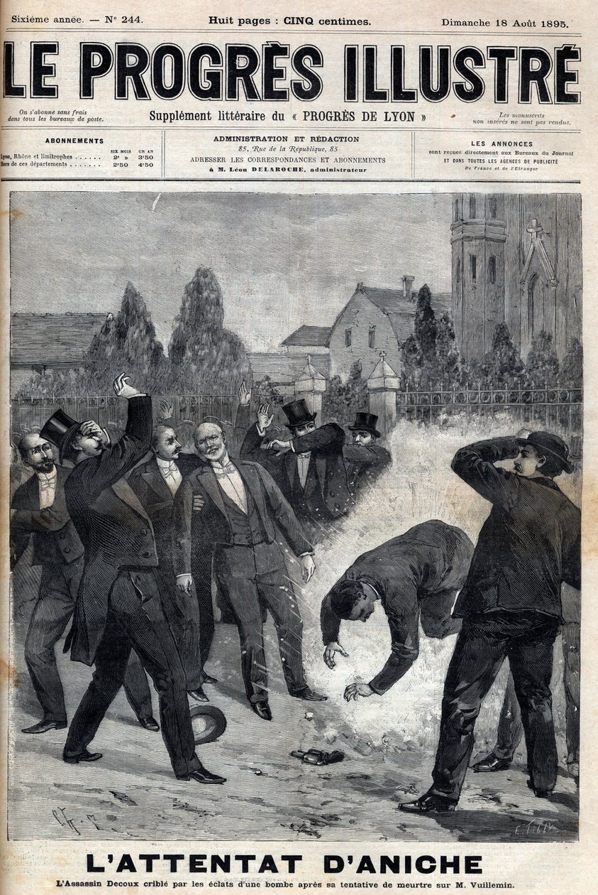 O assassino Clement Decoux é vítima da sua tentativa de ataque a Emile Vuillemin (1822-?) , director das minas de Aniche, celebrando o dia 4 de Agosto de 1895, o seu cinquentenário à frente da produção de carvão - gravura em "Le Progres illustration de Unknown artist