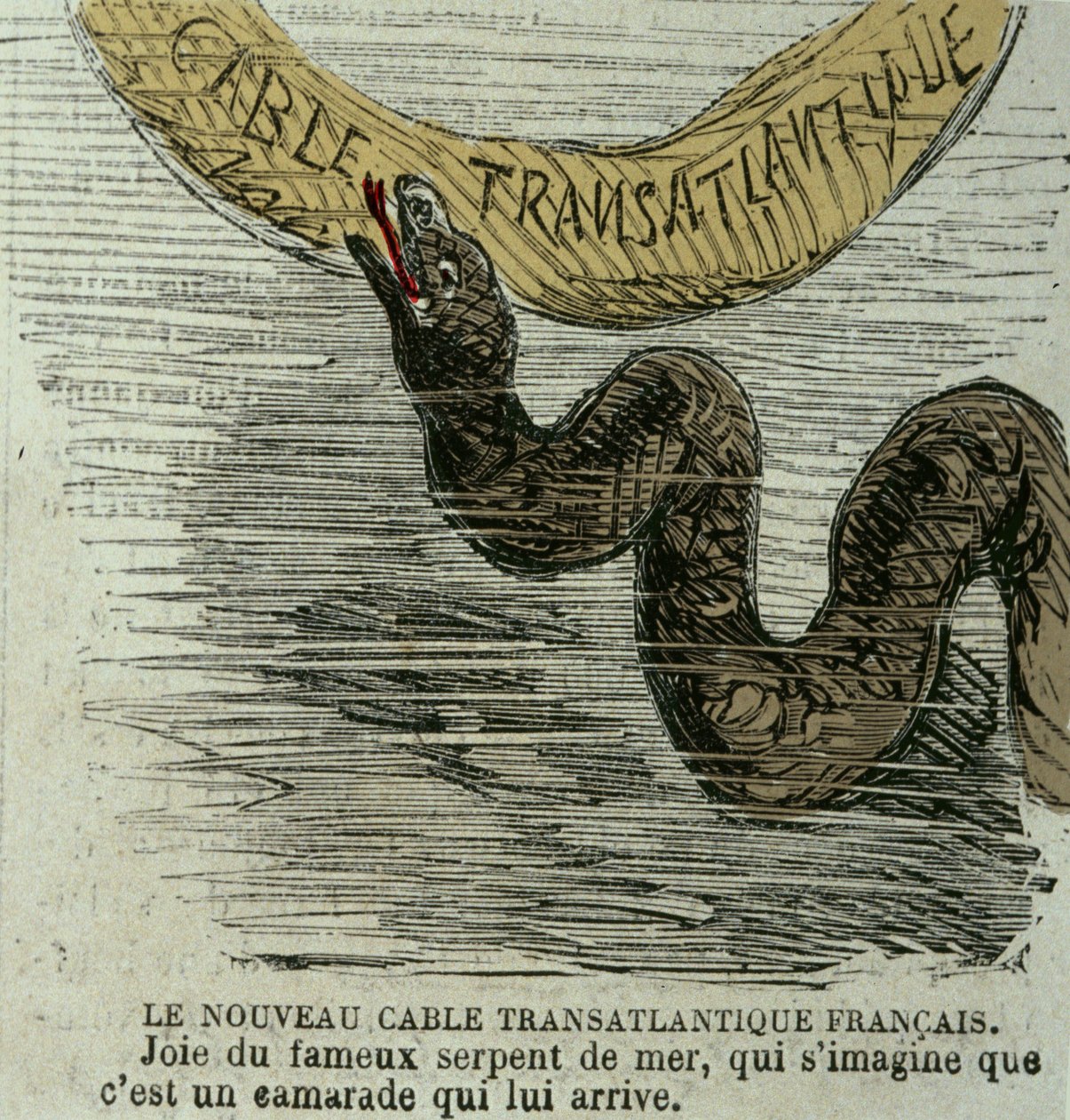 O novo cabo transatlântico francês - Joy of the famous sea snake, que imagina que é um camarada que vem até ele. Humoroso desenho sobre a cobra gigante do mar e o cabo transatlântico colocado em 1858. Gravura da era. de Unknown artist