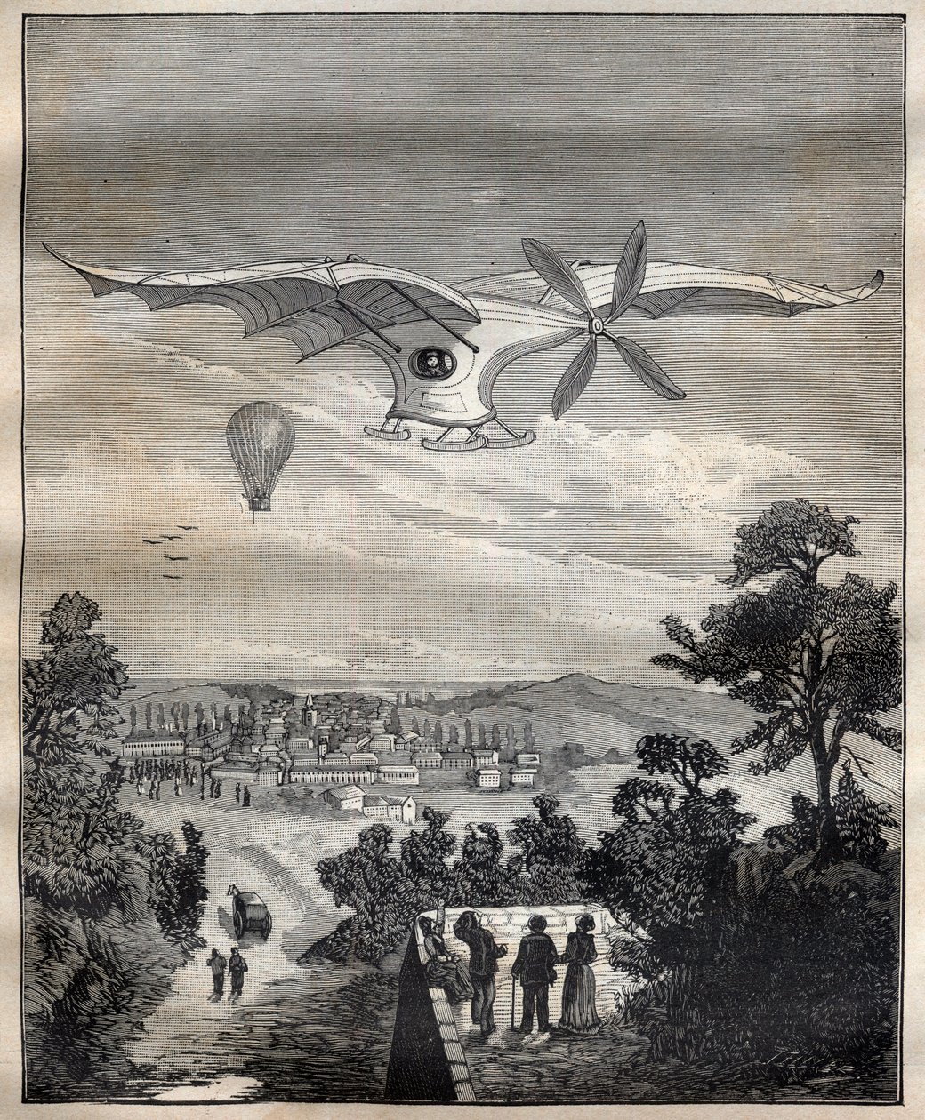 Os novos aeróstatos: a ave de Clemente Ader (1841-1925), a Eole, durante uma experiência no parque de Eugene Pereire, perto de Paris, em 1891, teria voado 15 m acima do solo - Gravura em "La Science francaise de Unknown artist