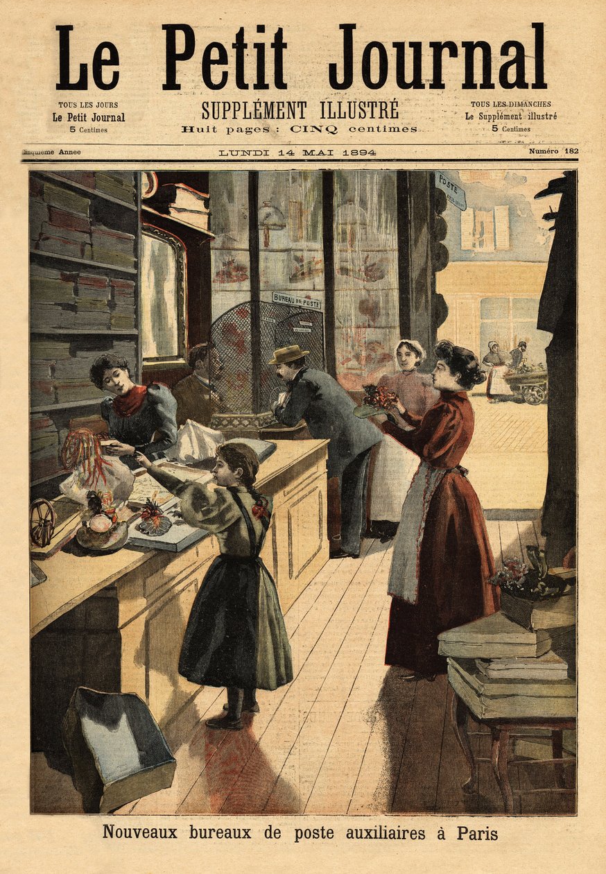 Os novos correios auxiliares em Paris, alguns negociadores abrem um balcão dos correios, paralelo às suas actividades comerciais. Gravação no "Le petit journal" 14/05/1894. A colecção da Selva. de Unknown artist