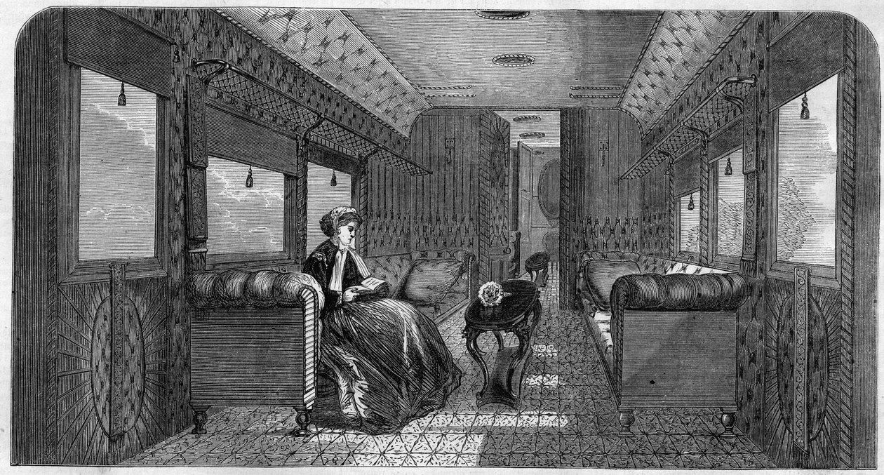 O novo carro de sua majestade, a Princesa de Gales, para a sua viagem de comboio. Gravura em "O Universo Ilustroso". de Unknown artist