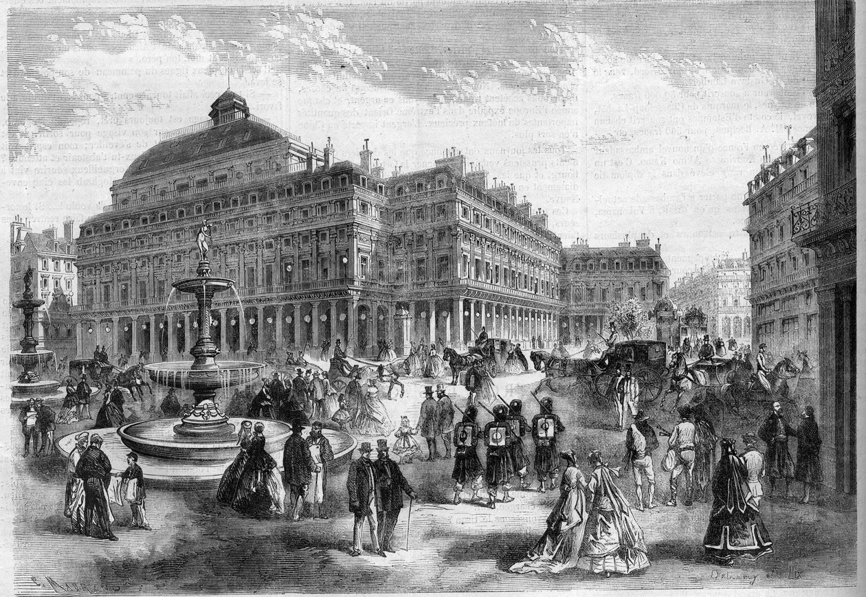 O novo lugar do teatro francês (Comedie Francaise) com as fontes projetadas no Palais Royal (Palais Royal) em Paris. Gravura em "L