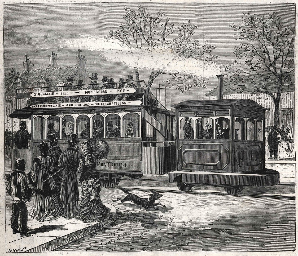 Os novos eléctricos a vapor em Paris, em 1876, que correm na linha de Saint - Germain - des - Prés à porta de Chatillon, gravando a colecção Bianchetti. de Unknown artist
