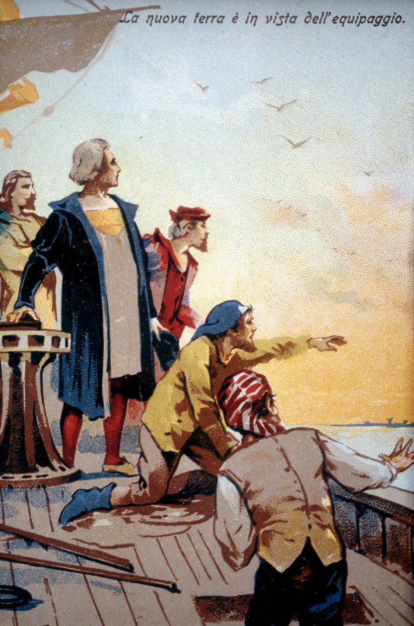 O novo mundo perante a tripulação de Cristóvão Colombo (1492). de Unknown artist