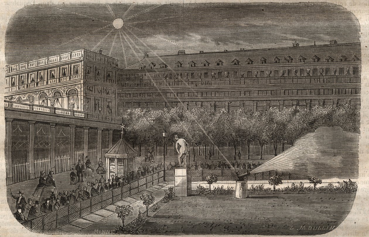 O canhão do meio-dia (canhão solar) no Palais Royal (Palais-Royal) em Paris. Gravura de 1857 em "Le Musee Des Sciences". de Unknown artist