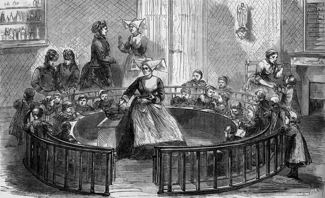 O berçário da creche sainte eugenie de la rue de crimee, em Paris, em 1870. de Unknown artist