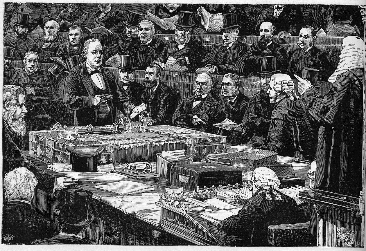 O juramento do deputado inglês Charles Bradlaugh (1833-1891) perante a Câmara dos Comuns em 21 de Fevereiro de 1882, militante do ateísmo, recusou-se a fazer o juramento religioso tradicional necessário para ocupar o seu lugar no parlamento. Ele está aqui  de Unknown artist