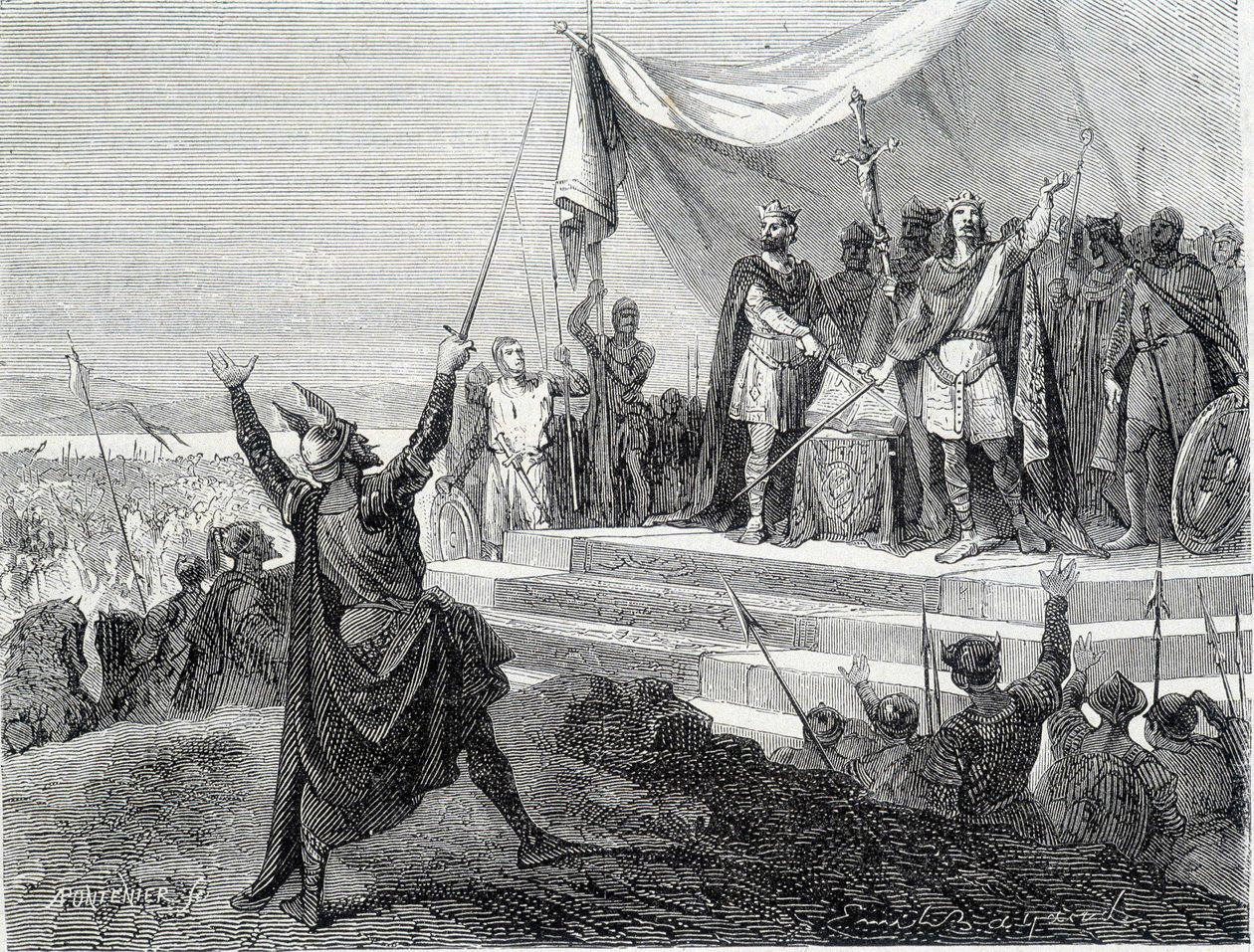 O juramento dos dois irmãos perante a sua armadura: Carlos II o Careca e Luís II o Germânico fazem o juramento contra Lothaire I (Juramentos de Estrasburgo 842). A gravura do século XIX. de Unknown artist