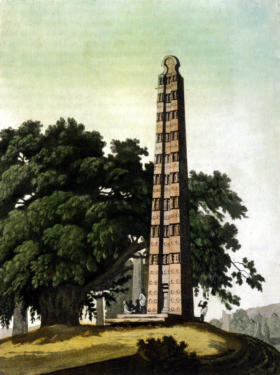 O obelisco de Axum (Aksoum) trazido a Roma pelos italianos em 1937. Il Costume antico e moderno, Jules Ferrario, Milão 1820. de Unknown artist