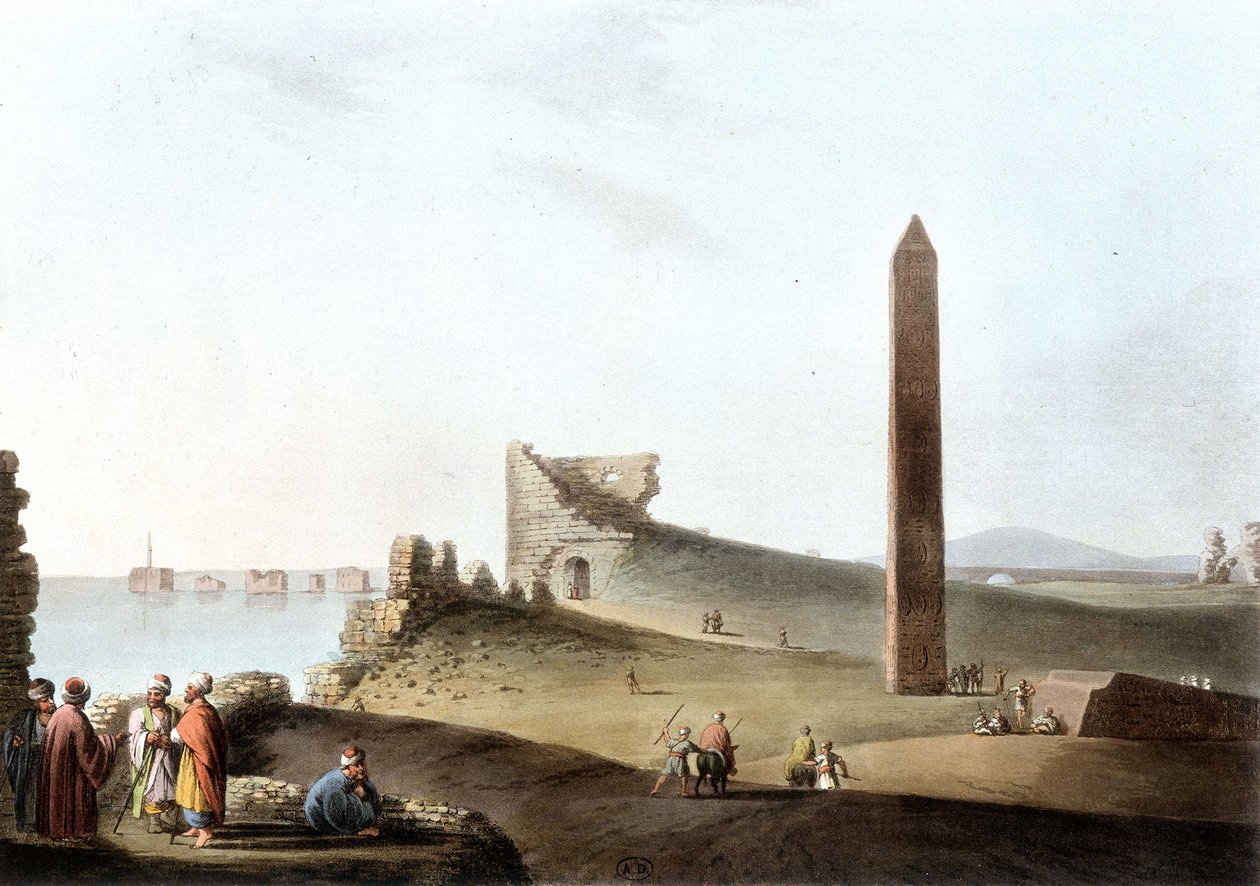 Os obeliscos de Alexandria, chamados agulhas de Cleópatra - em "Views in Egypt" (Vistas no Egito) de Unknown artist