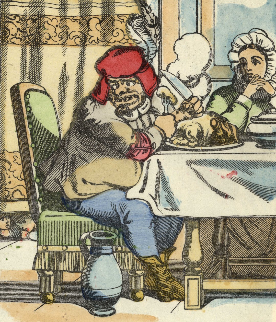 O ogre à mesa, sente a presença do pequeno Poucet e de seus irmãos. Ilustração do conto "Le Pepetit Poucet", de Charles Perrault de Unknown artist