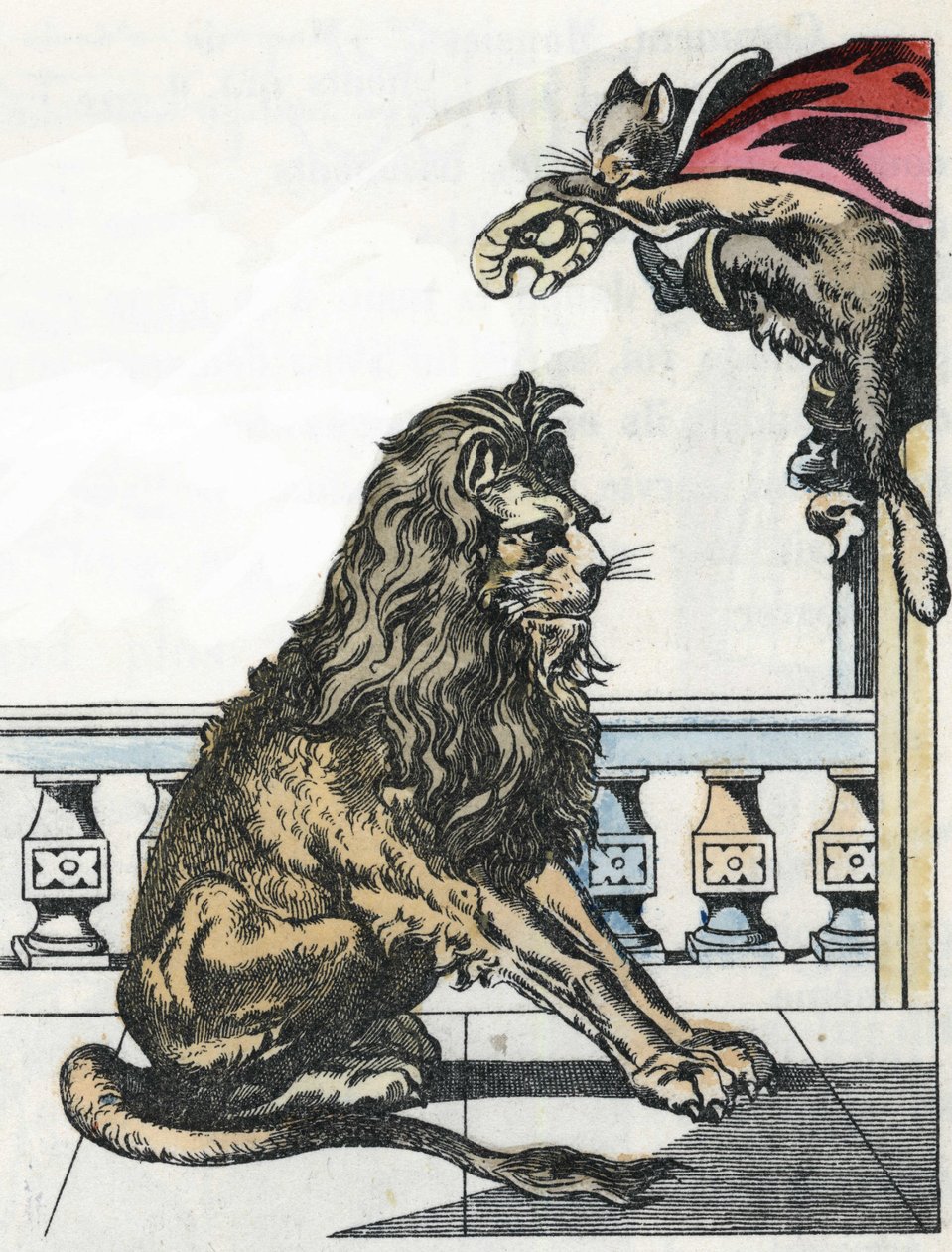 O ogre torna-se um leão a pedido do Gato Boot. Ilustração do conto "O boto do gato" de Charles Perrault de Unknown artist