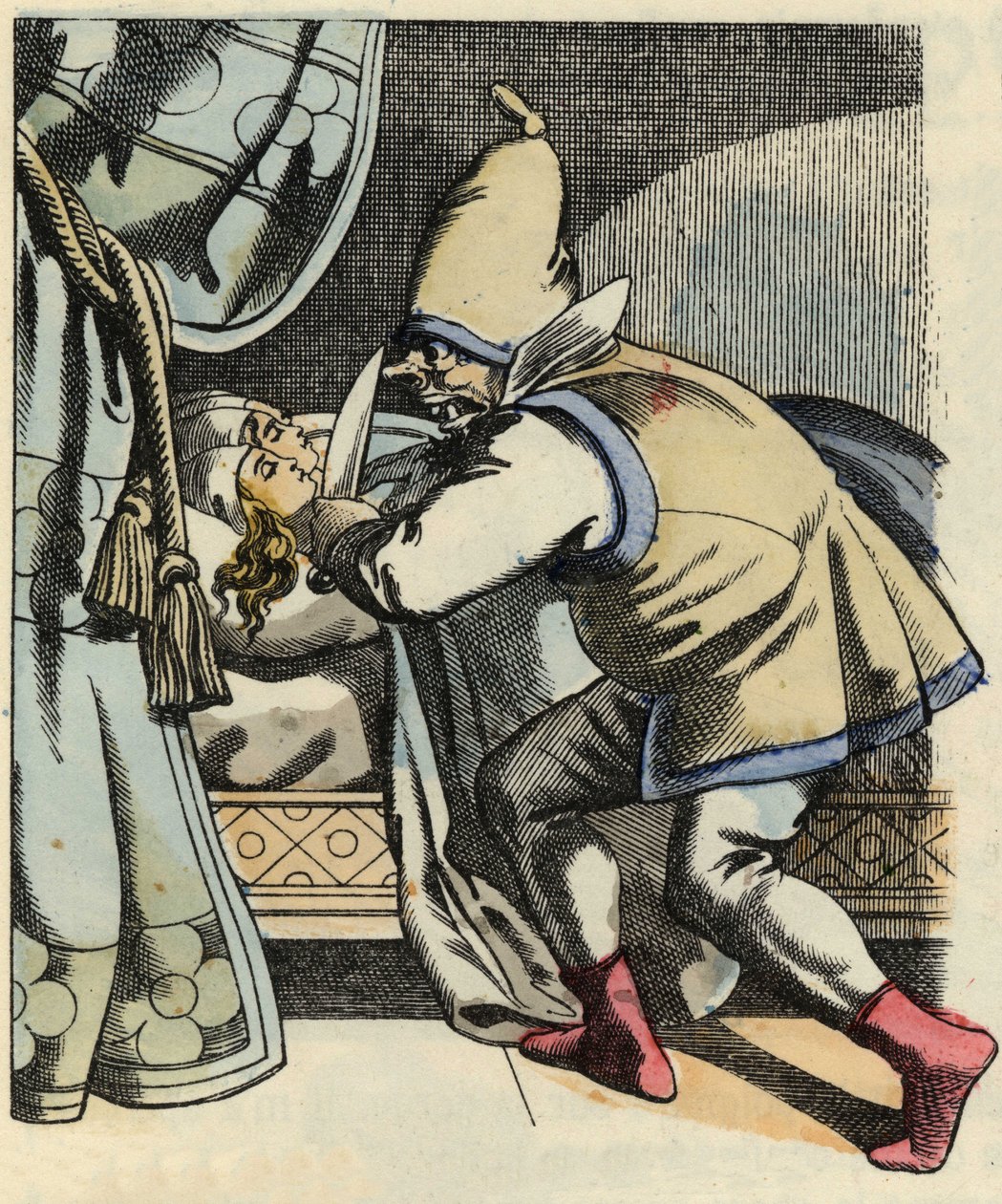O ogre corta a cabeça das suas sete filhas pensando em matar o Poulet e seus irmãos. Ilustração do conto "Le Petite Poucet", de Charles Perrault de Unknown artist