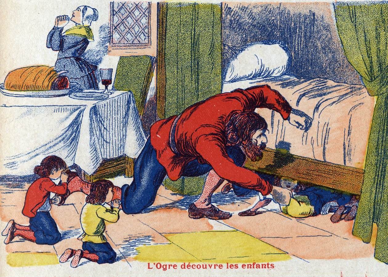 O ogre descobre as crianças. Ilustração para "Le Pepetit poucet", conto de Charles Perrault (1628-1703), escritor francês. Ilustração anônima. Imagery Marcel Vagne, Jarville Nancy, sem data (final do século XIX). de Unknown artist