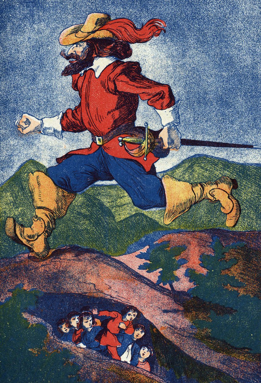 O ogre está à procura de crianças. Ilustração para "Le Pepetit poucet", conto de Charles Perrault (1628-1703), escritor francês. Ilustração anônima. Imagery Marcel Vagne, Jarville Nancy, sem data (final do século XIX). de Unknown artist