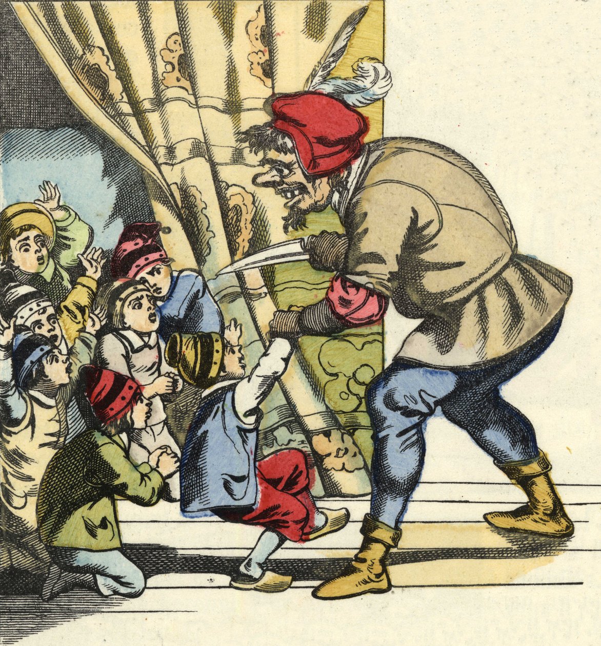 O ogre leva uma criança com a intenção de devorá-la. Ilustração do conto "Le Pepetit Poucet" de Charles Perrault de Unknown artist