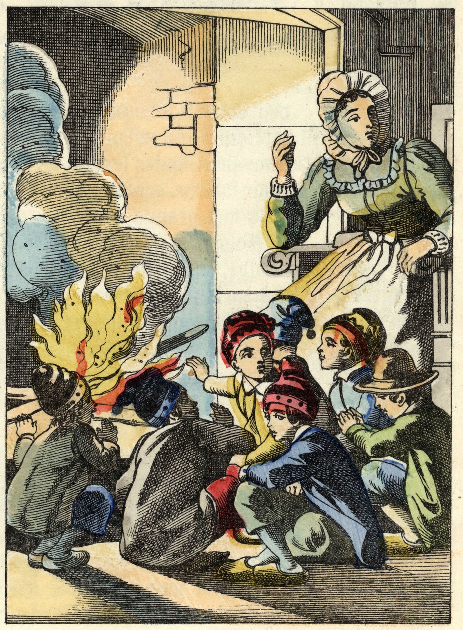 A mulher do ogre aquece o Poucet e os seus irmãos com um fogo. Ilustração do conto "Le Pepetit Poucet", de Charles Perrault de Unknown artist
