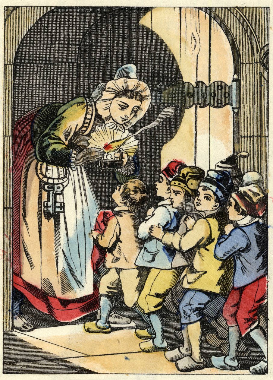 A mulher do ogre abre a porta ao Poucet e seus irmãos. Ilustração do conto "Le Pepetit Poucet" de Charles Perrault de Unknown artist