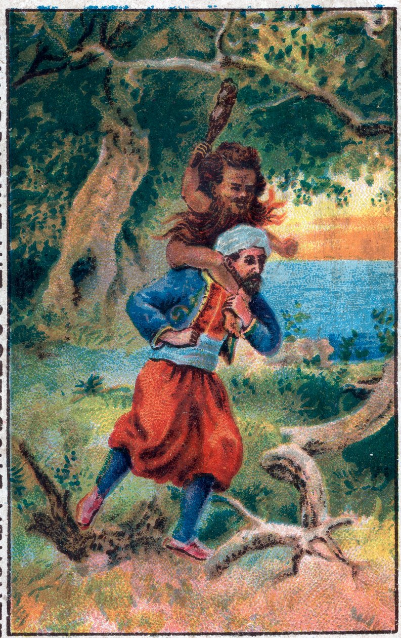O velhote do mar. As maravilhosas aventuras de Sinbad (Sindbad), o marinheiro. Conto popular de 1001 noites (mil e uma noites). A cromolitografia do final do século XIX. de Unknown artist
