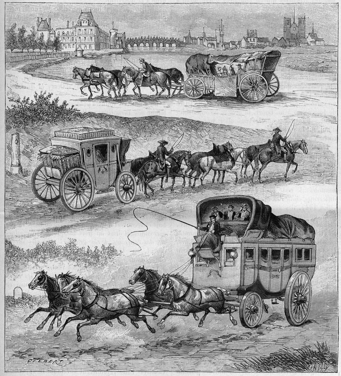 O velho carro de viagem, o autocarro de viagem do século XVII, o autocarro de viagem do século XVIII e a diligência perante os caminhos-de-ferro. Gravura em "La nature", de 1888. de Unknown artist