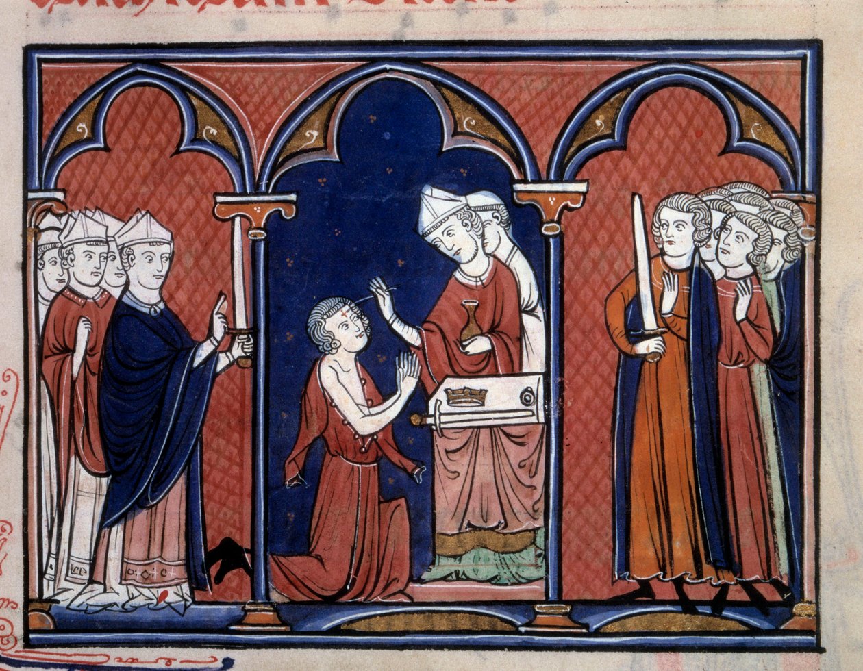O ordo da representação sagrada do ritual de unção do rei (provavelmente Louis IX (Saint Louis) (1214-1270)). Miniatura tirada da "Ordem de Consagração e Coroação dos Reis da França" 1250 ao redor de Paris, B.N. de Unknown artist