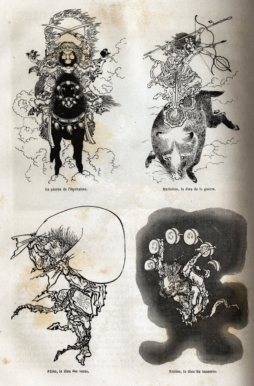 O panteão dos divinitas japoneses: representação tradicional de algumas figuras típicas: o patrono da equitação; Marisitão, o deus da guerra; Futen, o deus dos ventos; Raiden, o deus dos trovões. Gravura para ilustrar a viagem ao Japão em 1863-1864, por de Unknown artist