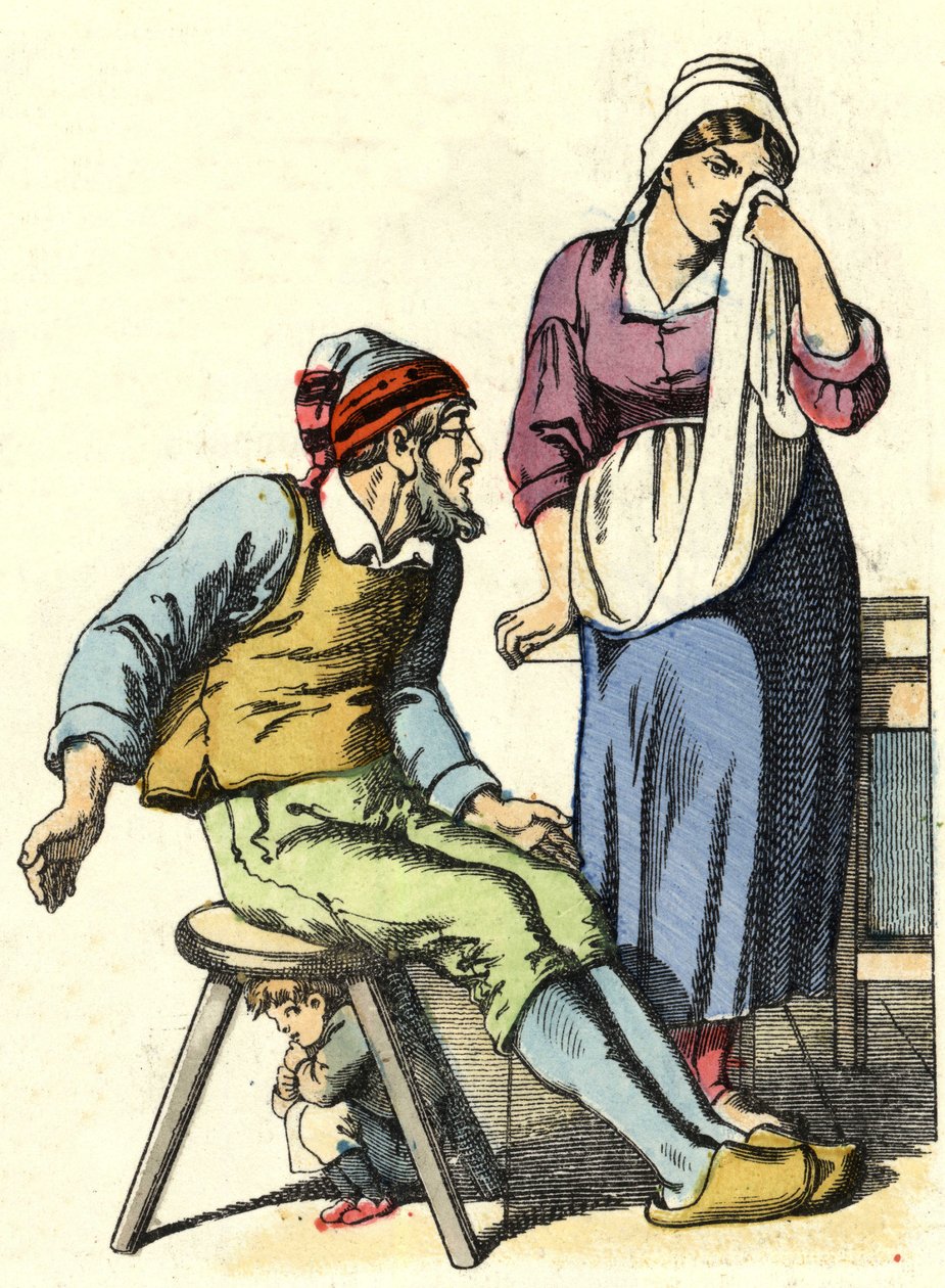 Os pais do Poucet decidiram abandonar os seus filhos na floresta. Ilustração do conto "Le Pepetit Poucet" de Charles Perrault de Unknown artist
